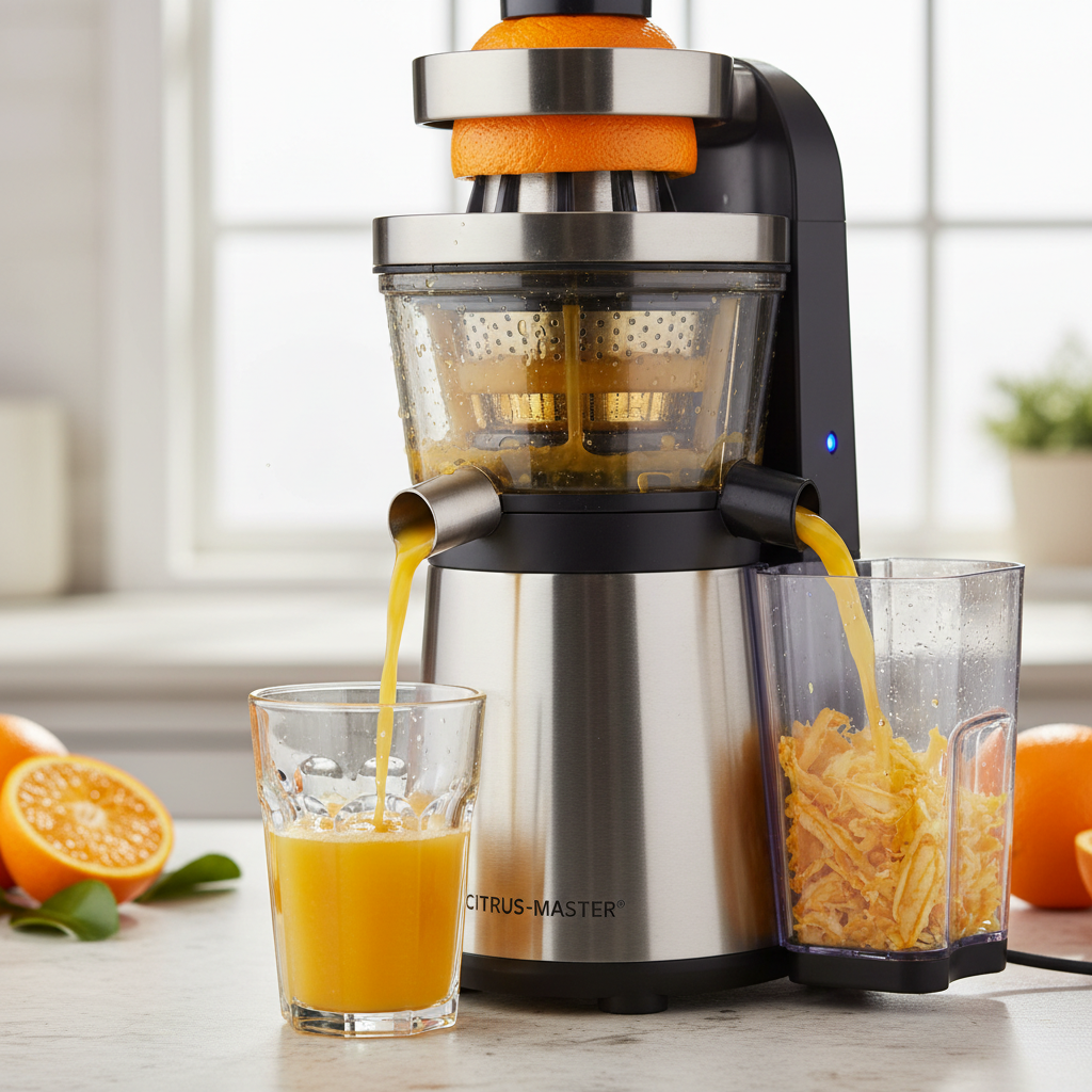 Close-up of juicer extracting fresh orange juice