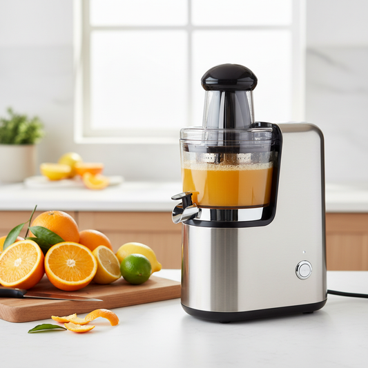 Modern electric juicer machine with fresh citrus fruits